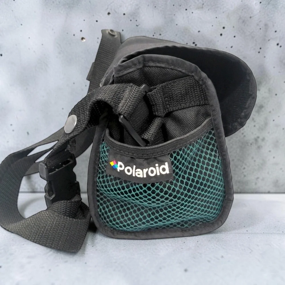 VTG Polaroid Camera Bag Small Unisex Black Nylon Green Mesh Shoulder Strap 90s